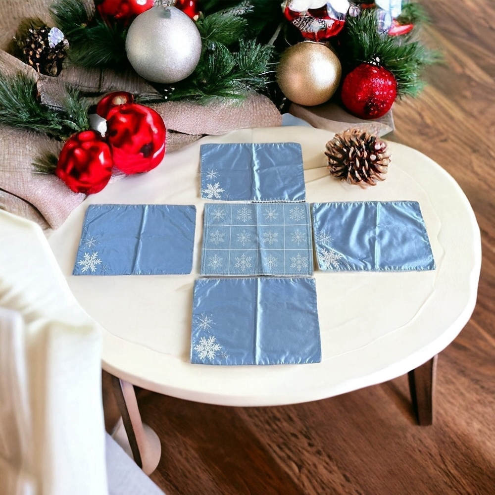 Set of 4+1 Embroidered White Snowflakes Blue Satin Placemats Christmas Decor